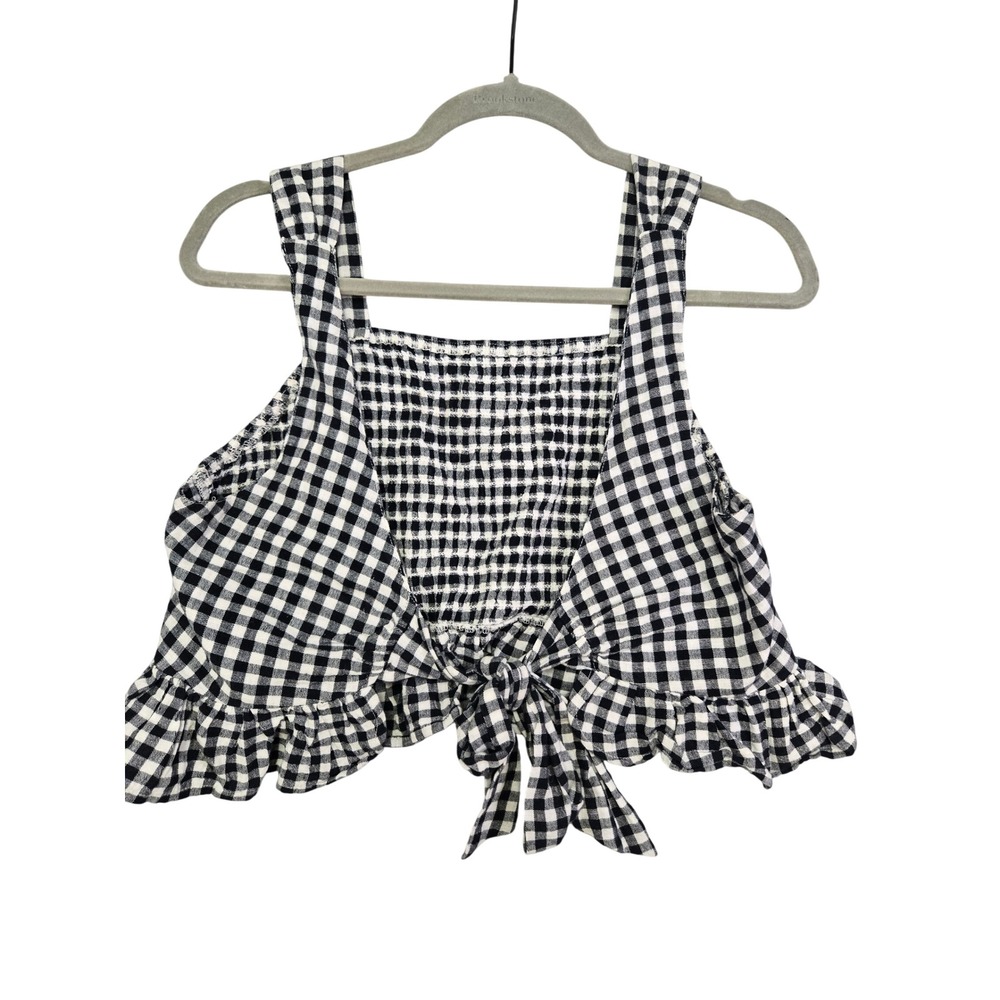 American Eagle Womens L Gingham Crop Top Cotton Linen Black White Smocked Tie